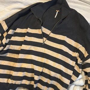 Women’s Striped Black and Tan thin zip up Sweater